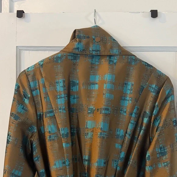 Samuel Dong Olive Green Satin Floral Wrap Dress Coatwith Purple & Orange Accents - Picture 6 of 9